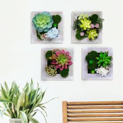 Alpine Corporation 16"L Wooden Frame Wall D?cor w/Succulents - Asstd Tray Pack of 4