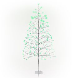Alpine Corporation 60"H Indoor/Outdoor Artificial Christmas Tree with Green LED Lights, Silver