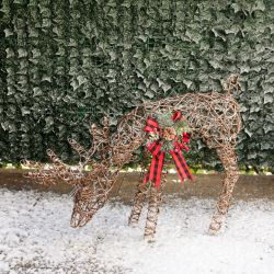 Rattan Grazing Reindeer w/ Bow, Greenery and LED Lights D?cor