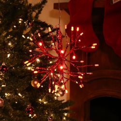 Alpine Corporation 10"H Indoor Christmas Twig 3D Hanging Snowflake Ornament with LED Lights, Red