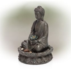 Alpine Corporation 19" Tall Indoor/Outdoor Tabletop Meditating Buddha with Lotus Flower Fountain with LED Light