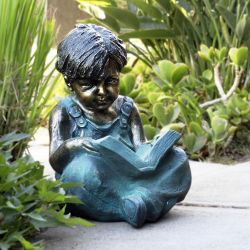 Alpine Corporation 19" Tall Indoor/Outdoor Boy Sitting Down Reading Book Statue Set Yard Art Decoration