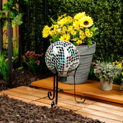 8" Mosaic Gazing Globe with Scroll Pattern and Metal Stand