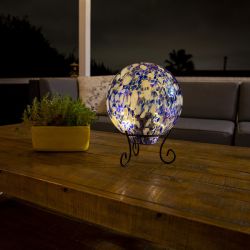 Blue and White Glass Gazing Globe with LED Lights and Stand