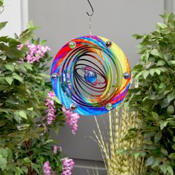 Alpine Corporation 12" Round Outdoor Hanging Metal Planet Wind Spinner with Multicolor Glass Balls