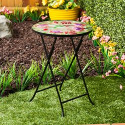 Alpine Corporation 17"L 14" Folding Glass Round Table with  Flowers and Hummingbirds
