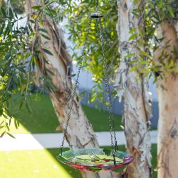 Red Flowers & Hummingbird Glass Hanging Bird Feeder
