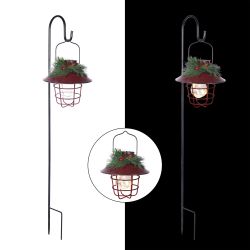 Alpine Corporation Metal Lantern with Shepherd's Hook and Solar Warm White LED Lights, Red