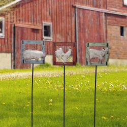 Wooden Frame Rooster, Pig, Cow Garden Stake - Display of 6