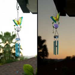 Alpine Corporation 48" Hanging Outdoor Butterfly Metal Wind Chime with Solar-Powered LED Lights, Blue