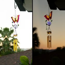 Alpine Corporation 48" Hanging Outdoor Butterfly Metal Wind Chime with Solar-Powered LED Lights, Orange