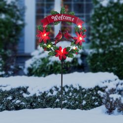 33"L Christmas Cardinal Wreath Solar Stake w/Light - Display of 12