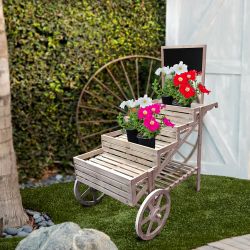 Wooden Cart Plant/Display Stand with Chalkboard