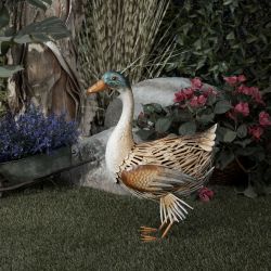 Alpine Corporation 20"H Indoor/Outdoor Metal Standing Duck Decorative Garden Statue, Gold/Green