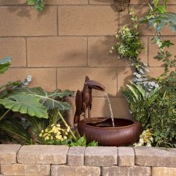 Alpine Corporation 16" Tall Indoor/Outdoor Rustic Metal Toucan Water Fountain Yard Statue Decoration, Brown