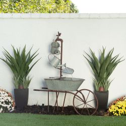 Alpine Corporation 36" Tall Rustic Wheelbarrow and Watering Can Fountain Yard Decoration