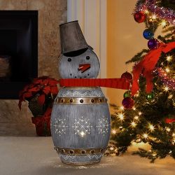 30"H Indoor/Outdoor Metal Barrel Snowman Christmas Holiday Decoration with LED Lights