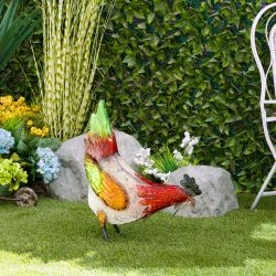 Alpine Corporation 21"H Indoor/Outdoor Metal Pecking Hen Decorative Garden Statue, Multicolor