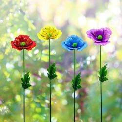 Colorful Poppy Metal Garden Stake - Assorted Display of 12