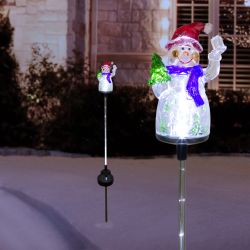 34"H Outdoor Solar Snowman Fiber Optic Lawn Stakes with LED Lights (Set of 2)