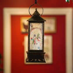 11"H Indoor Lantern Snowman Snow Globe Holiday Decoration with LED Light, Bronze