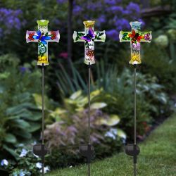 Solar Floral Cross Garden Stake - Assorted Tray Pack of 9