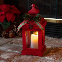 Alpine Corporation Metal and Glass Lantern with Warm LED Light Faux Candle, Red