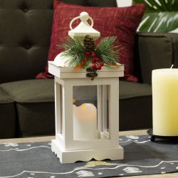 Alpine Corporation Metal and Glass Lantern with Warm LED Light Faux Candle, White