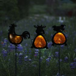 Alpine Corporation 25"L Solar Metal/Glass Rooster, Cow, Pig Stake - Display of 12