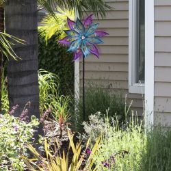 Alpine Corporation 64" Tall Outdoor Floral Windmill Stake with Gems Kinetic Spinner, Purple and Aqua