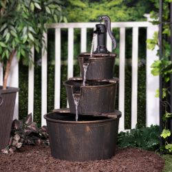 Alpine Corporation 40" Tall Outdoor 3-Tier Barrel Pump Waterfall Fountain, Brown