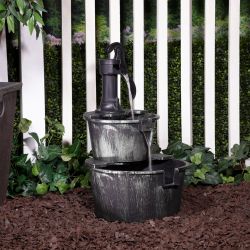 17"L Two Tier Barrel & Pump Outdoor Fountain - Gray