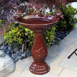 Alpine Corporation 25" Tall Outdoor Ceramic Antique Pedestal Birdbath with 2 Bird Figurines, Red