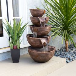 Alpine Corporation 34" Tall Outdoor 5-Tier Modern Bowl Cascading Waterfall Fountain with LED Lights