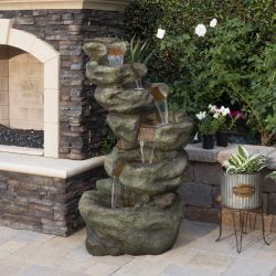 Alpine Corporation 48" Tall Outdoor Multi-Tier Pristine Waterfall Fountain with LED Lights