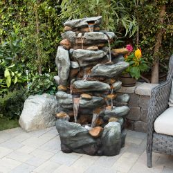 Alpine Corporation 50" Tall Outdoor 8-Tier Rock Waterfall Fountain with LED Lights, Grey