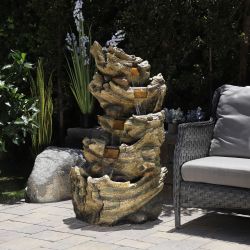 Alpine Corporation 47" Tall Outdoor 5-Tier Tree Trunk Waterfall Floor Fountain with LED Lights