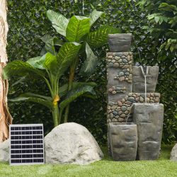 Alpine Corporation 43"H Outdoor Solar 4-Tier Cascading Vase Fountain with LED Lights, Gray