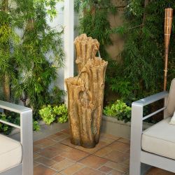Alpine Corporation 47" Tall Outdoor 3-Tier Cascading Tree Bark Water Fountain with LED Lights