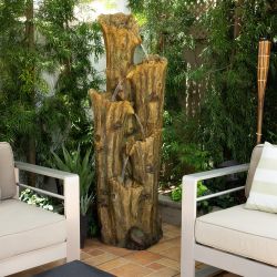 Alpine Corporation 65" Tall Outdoor 4-Tier Cascading Tree Bark Water Fountain with LED Lights