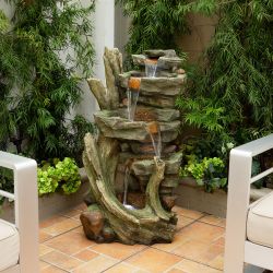 Alpine Corporation 39" Tall Outdoor Multi-Tier Cascading Stone Tower Waterfall Fountain with LED Lights
