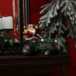 Alpine Corporation 9"H Polystone Santa on Tractor Holiday Decoration with Color-Changing LED Lights