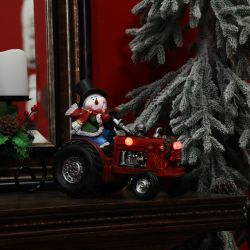 Alpine Corporation 9"H Polystone Snowman on Tractor Holiday Decoration with Color-Changing LED Lights
