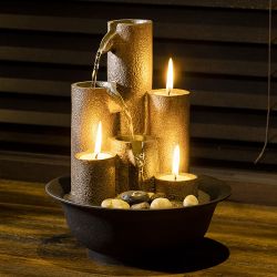 Alpine Corporation 11" Tall Indoor Tiered Column Tabletop Fountain with 3 Candles