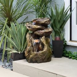 Alpine Corporation 22" Tall Outdoor Five-Tier Rainforest Log Waterfall Fountain with LED Lights