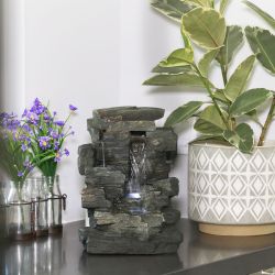 Alpine Corporation 13" Tall Indoor 4-Tier Cascading Tabletop Fountain with LED Lights, Gray