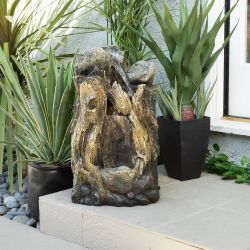 Alpine Corporation 22" Tall Outdoor Rainforest Tree Trunk and Stone Waterfall Fountain with LED Lights