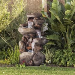 Alpine Corporation 40" Tall Outdoor 4-Tier Rock Water Fountain with LED Lights