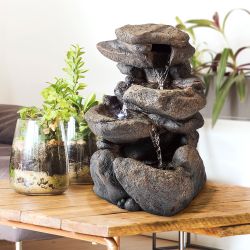 Alpine Corporation 11" Tall Indoor 3-Tier Tabletop Stone Water Fountain with LED Lights