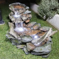 Alpine Corporation 60" Long Outdoor 3-Tier Rainforest Rock River Water Hand-Painted Fountain with LED Lights